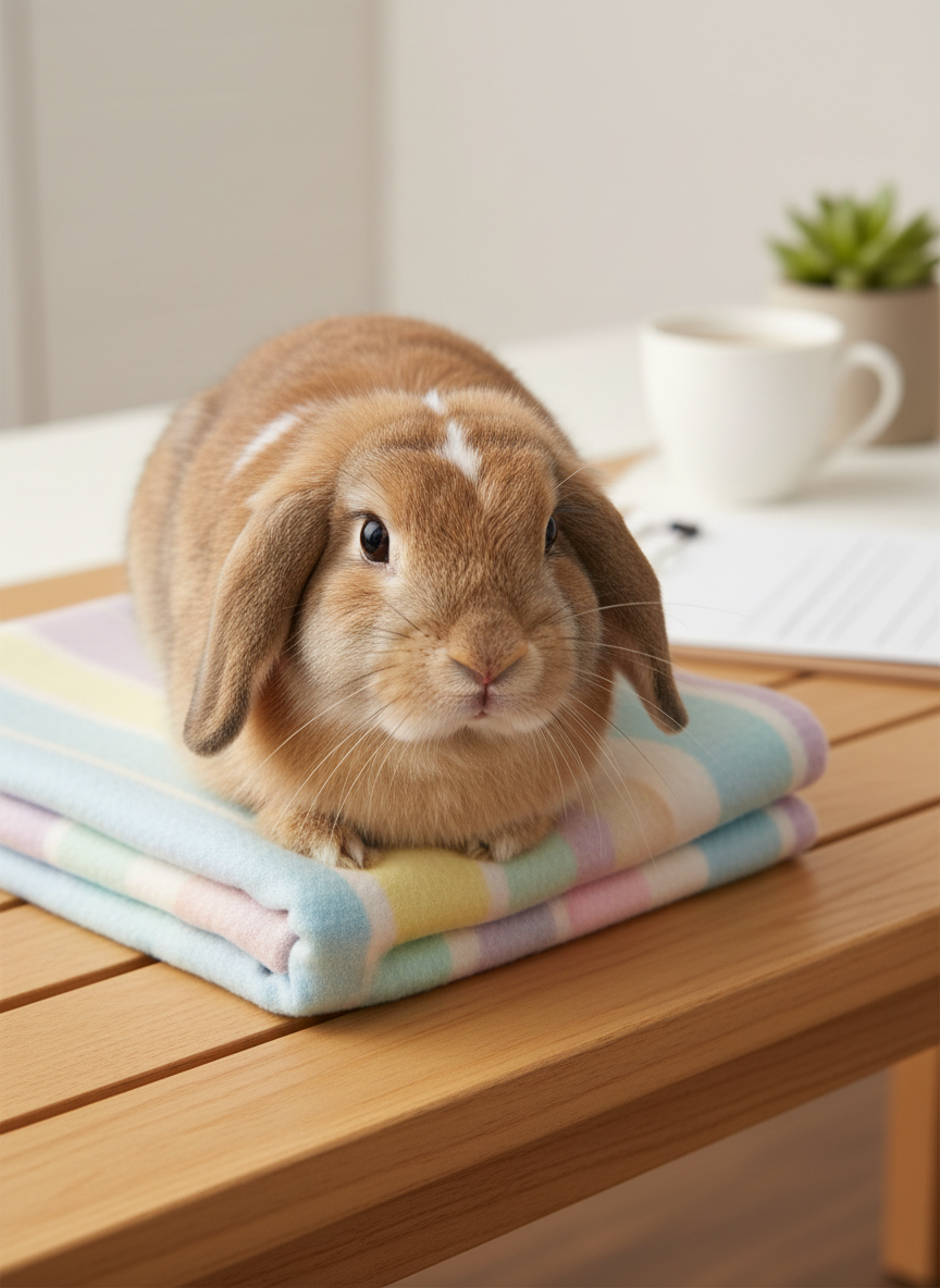 A close-up, photographic image of a tan-and-white rabbit comfortably nestled on a neatly folded, pastel therapy blanket atop a smooth wooden bench in a minimalist consultation room. The rabbit’s whiskers and delicate fur texture are rendered in sharp detail, while the background gently blurs to reveal hints of a clipboard, a ceramic mug, and a small potted plant, all carefully arranged. Soft studio-style lighting from the upper left creates mild contrast and gentle catchlights in the rabbit’s eyes, signaling attentiveness and safety. The mood is calm, professional, and reassuring, ideal for illustrating individual counseling or consultation services anchored in the human-animal bond.