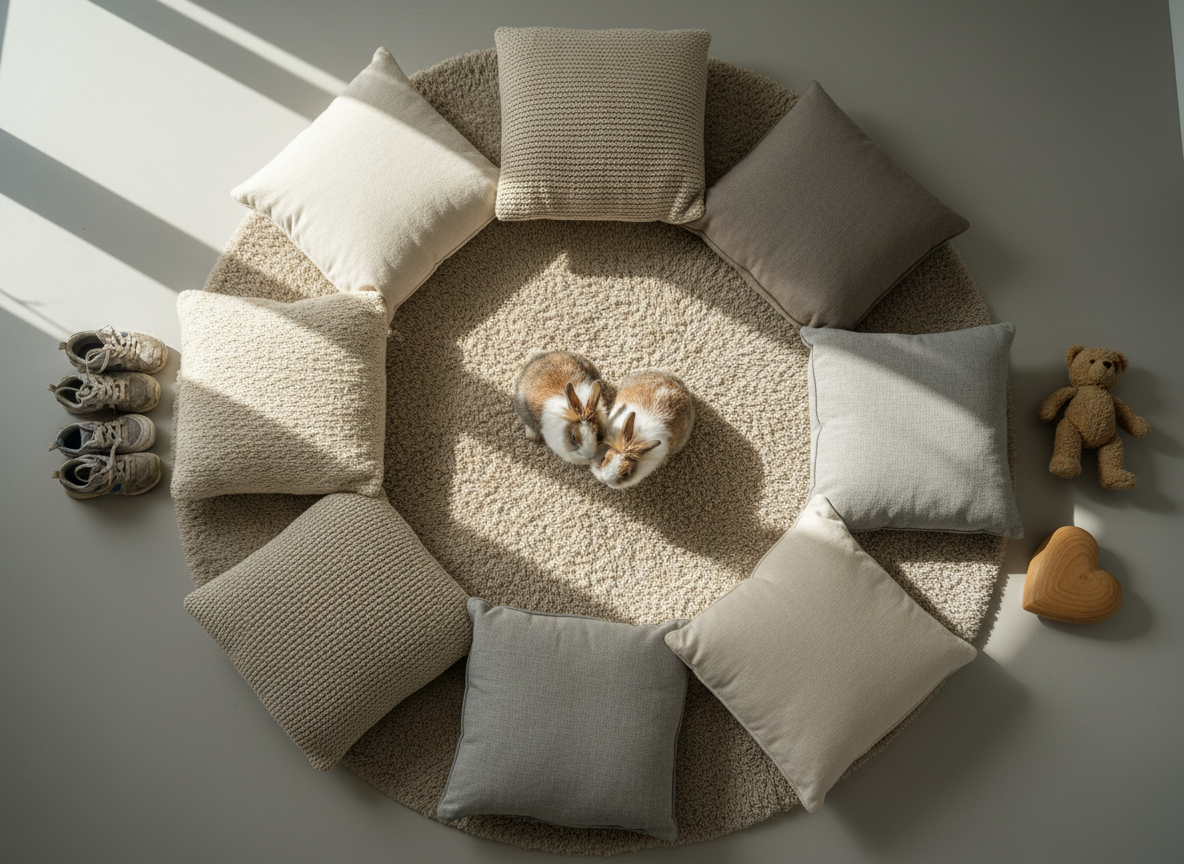 An overhead, photographic view of a thoughtfully arranged animal-assisted therapy setup, with two rabbits in the center of a circular arrangement of soft, neutral-toned floor cushions and a textured beige rug. Around them sit symbolic, non-human objects representing diverse clients: a small collection of differently colored pairs of shoes, a child’s stuffed animal, and a simple wooden heart. Natural daylight pours in from an unseen window, creating soft, radial shadows that emphasize the circle and sense of inclusion. The composition is clean and modern, with sharp focus throughout, conveying family and group therapy themes, emotional safety, and connection without depicting any people.