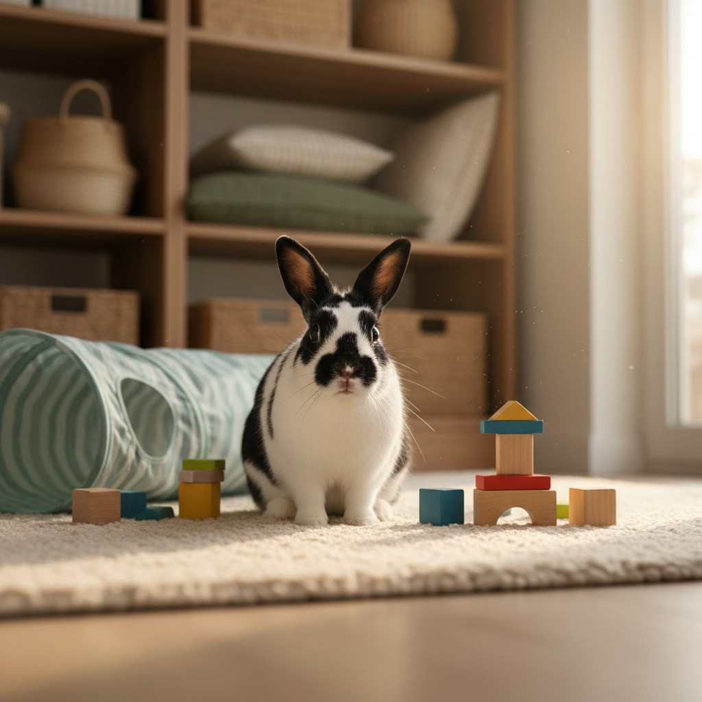 A cozy therapy space viewed from a low, rabbit-level angle, featuring a single, curious Dutch rabbit with soft black-and-white fur sitting atop a plush, cream-colored rug. Around it are a few neatly arranged, colorful wooden blocks and a small, fabric tunnel, suggesting a child-friendly environment without showing any people. Warm, indirect natural light enters from a side window, creating soft highlights on the rabbit’s fur and a calm, inviting glow across the room. Shelves with neatly organized baskets and muted-toned cushions create a sense of order and safety. Photographic realism with gentle bokeh in the background emphasizes the rabbit as a calm, grounding presence in therapeutic play.
