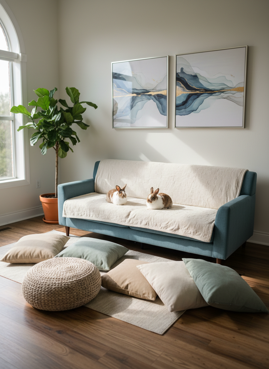 A sunlit family therapy room designed for animal-assisted sessions, photographed from a slightly elevated, wide-angle perspective. Two healthy, relaxed rabbits lounge on a low, slate-blue therapy couch covered with a washable, textured throw, while additional soft floor cushions and a neutral-toned pouf are scattered nearby. A large indoor plant in the corner and framed abstract art on the wall add a modern, professional feel. Soft morning light streams through a nearby window, creating a serene atmosphere with gentle, natural shadows. The composition uses the rule of thirds, with the rabbits subtly centered, conveying warmth, connection, and a structured, evidence-based environment without any human figures.