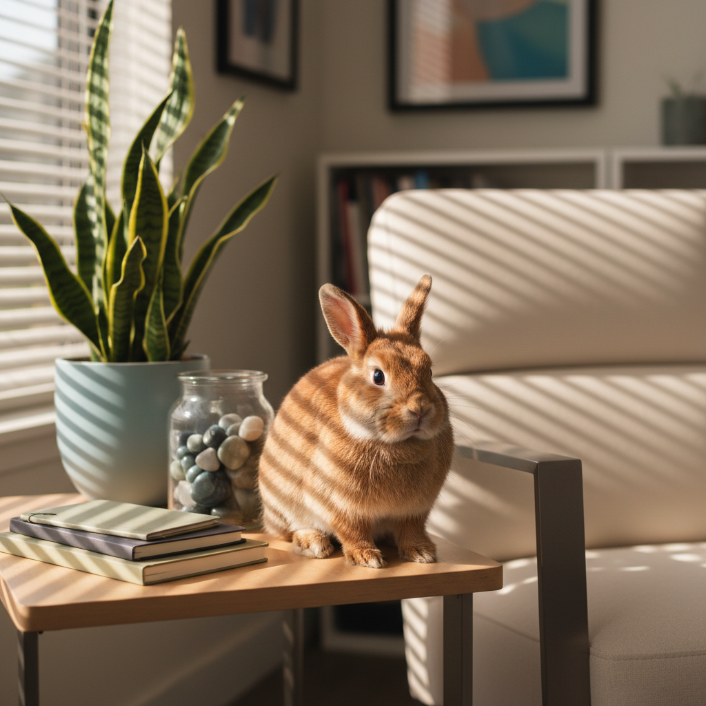 A professional office corner highlighting wellness and growth, with a caramel-colored rabbit sitting beside a small arrangement of symbolic therapy objects: a glass jar of polished worry stones, a tidy stack of muted-toned notebooks, and a leafy green plant in a matte ceramic pot. Everything rests on a smooth, light-wood side table adjacent to a modern, upholstered armchair. Late-afternoon natural light filters through blinds, casting soft horizontal patterns across the scene and subtle highlights on the rabbit’s fur. The photographic composition uses shallow depth of field, isolating the rabbit and objects while keeping the background discreet, suggesting reflective, goal-oriented counseling supported by the human-animal bond.