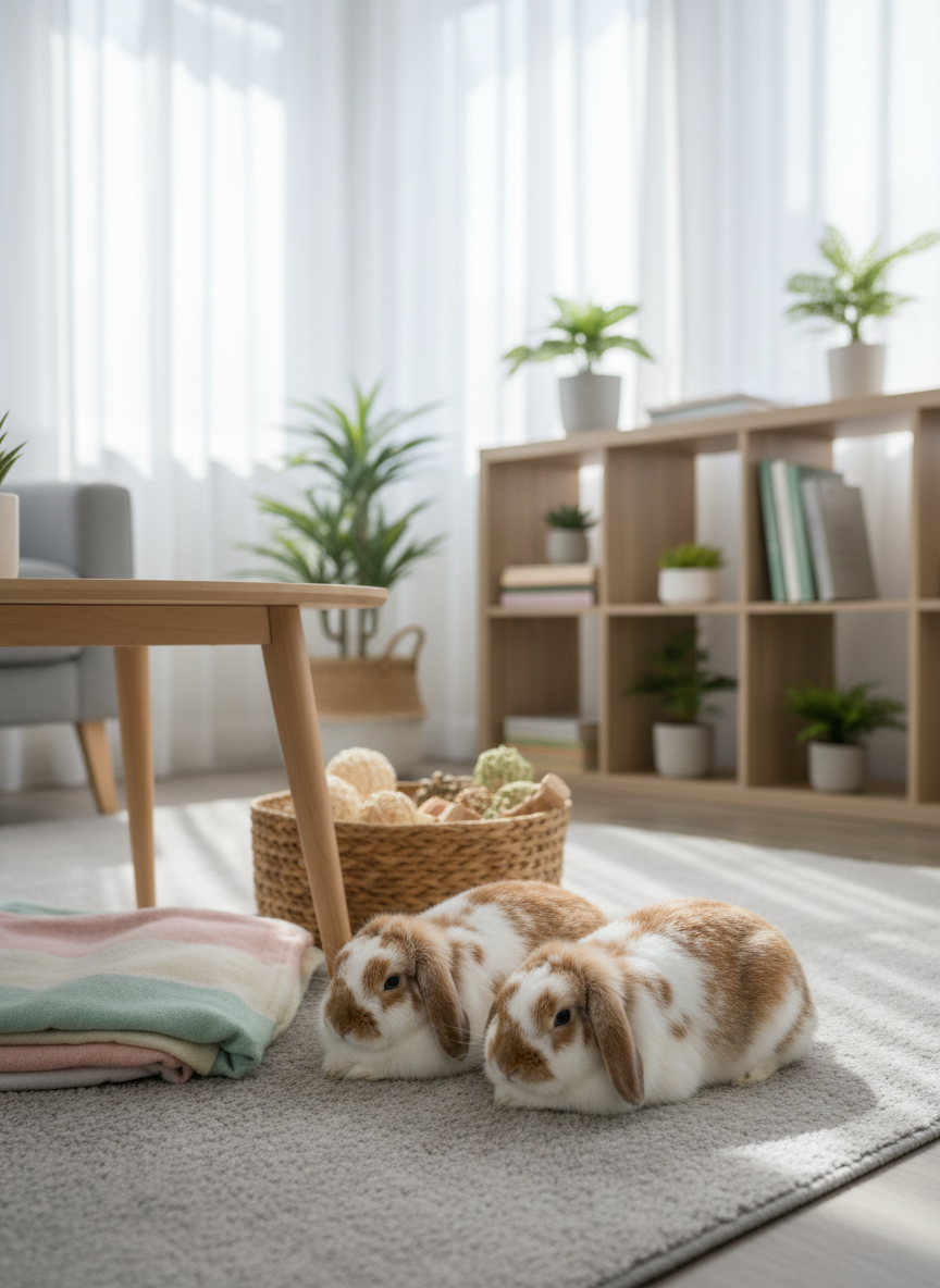 A calm, well-lit counseling room designed for animal-assisted therapy, with two fluffy lop-eared rabbits resting on a soft, light-gray area rug beside a low, natural-wood table. A neatly folded, pastel-colored blanket and a woven basket of rabbit-safe toys sit nearby. Large windows with sheer white curtains let in diffused afternoon light, casting gentle, elongated shadows and highlighting the rabbits’ healthy, glossy fur. In the background, modern bookshelves hold plants and therapy books, slightly blurred. Photographic realism at eye level, with a shallow depth of field that keeps the rabbits in crisp focus, creating a professional, welcoming, and emotionally safe atmosphere suitable for a wellness-focused website hero image.