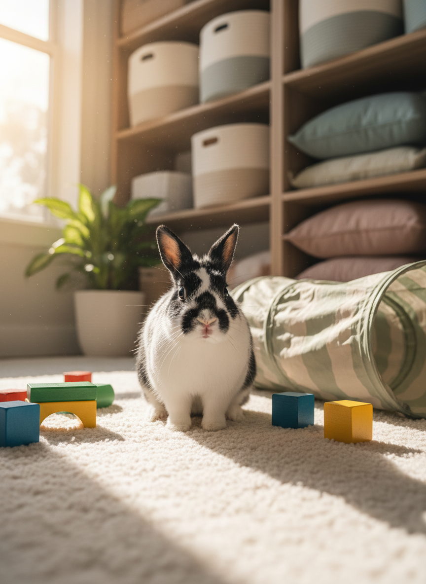 A cozy therapy space viewed from a low, rabbit-level angle, featuring a single, curious Dutch rabbit with soft black-and-white fur sitting atop a plush, cream-colored rug. Around it are a few neatly arranged, colorful wooden blocks and a small, fabric tunnel, suggesting a child-friendly environment without showing any people. Warm, indirect natural light enters from a side window, creating soft highlights on the rabbit’s fur and a calm, inviting glow across the room. Shelves with neatly organized baskets and muted-toned cushions create a sense of order and safety. Photographic realism with gentle bokeh in the background emphasizes the rabbit as a calm, grounding presence in therapeutic play.