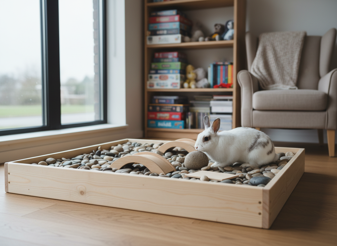 A serene, nature-inspired therapy setting featuring a healthy white rabbit with subtle gray spots exploring a low, indoor sandbox filled with smooth river stones and a few wooden bridges, designed for therapeutic play. The sandbox sits on a light oak floor near a large window, where gentle overcast daylight enters, creating soft, even illumination with minimal harsh shadows. In the softly blurred background, a tidy bookshelf of child-friendly games and a neutral reading chair suggest a comprehensive counseling environment. Photographic realism with an eye-level composition conveys a sense of curiosity, grounding, and regulated sensory experience aligned with evidence-based interventions.